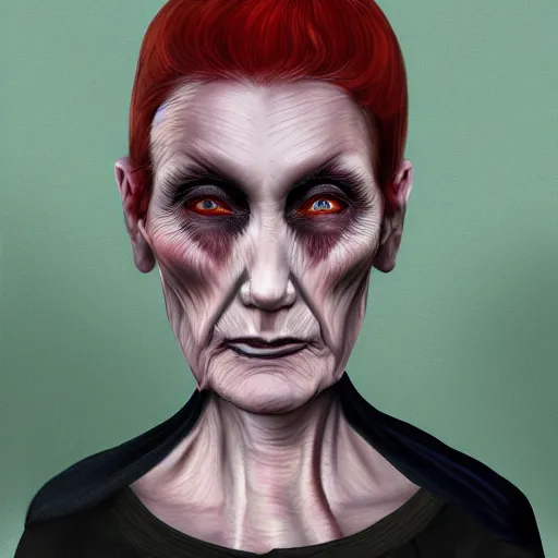 Prompt: portrait of a beautiful middle - aged witch. she has red hair, fair skin and a symetrical face. she looks sinister. digital painting. 5 0 mm lense. eerie and dark.