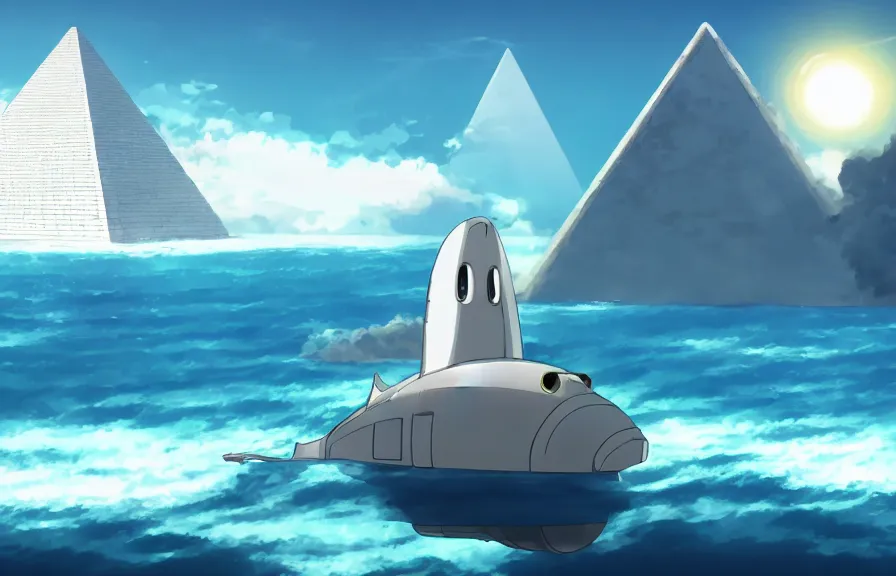Image similar to a realistic studio ghibli cell - shaded cartoon showing a futuristic submarine swimming in front of a white pyramid underwater at the bottom of the sea. shafts of sunlight come from above. wide shot, very dull muted colors, hd, 4 k, hq