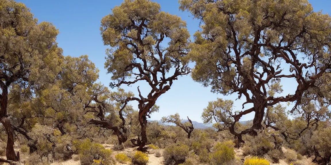 Image similar to California Chaparral environment, Mt. Diablo. Large Manzanita trees, Coyote Brush, Hollyleaf Redberry, Scrub oaks. Rocky environment, somewhat mountainous. Desert-like, heat, July 23, bright and sunny. 98 F. Trending on Artstation, deviantart, worth1000. By Greg Rutkowski. National Geographic and iNaturalist HD photographs