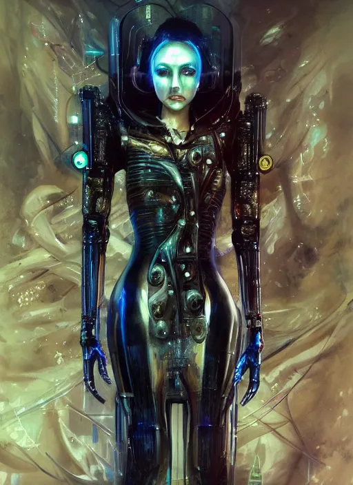 Image similar to a full body beautiful woman wearing a cyberpunk outfit by karol bak, ayami kojima, artgerm, sakimichan, hr giger, blue eyes, weapons, electronics, high tech, cyber wear, latex dress, bandage, concept art, fantasy, cyberpunk