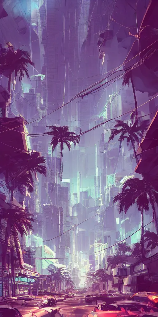 Image similar to gigantic building hovering above a city, long thick cables and trash hanging from underneath, rays of light, neon billboards and dried palmtrees in the streets, epic scene, scifi, illustration