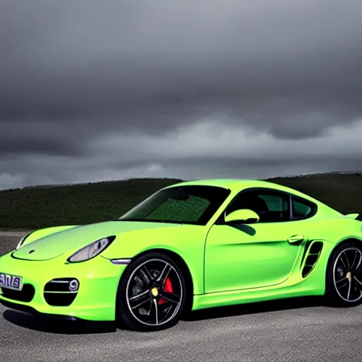 Image similar to a peridot green 2 0 1 1 porsche cayman r driving, 4 k