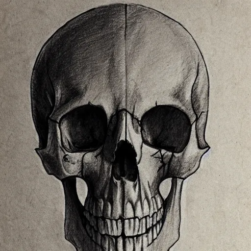 Image similar to pencil sketch of a skull on old torn paper, dramatic lighting, ultra detail, creepy, book cover