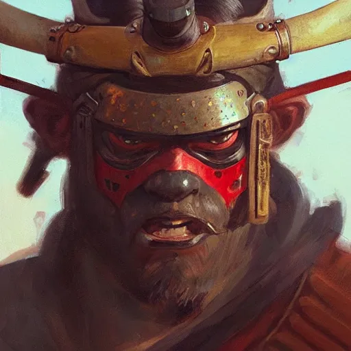 Image similar to A head-on detailed oil portrait of japanese samurai wearing oni mask by greg rutkowski and artgerm, trending on artstation, dungeons and dragons art