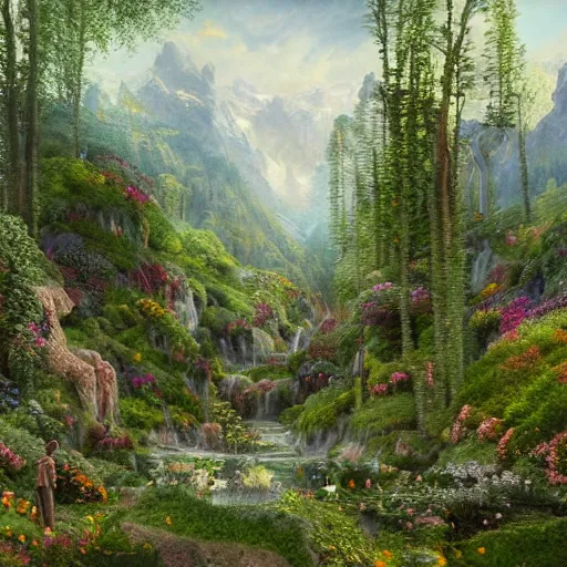 Image similar to a beautiful and highly detailed matte painting of a fantasy floral garden in a fantastic forest in the lush valley high in the most epic mountains ever, intricate details, epic scale, insanely complex, 8 k, sharp focus, hyperrealism, very realistic, by caspar friedrich, greg rutowski, james gurney