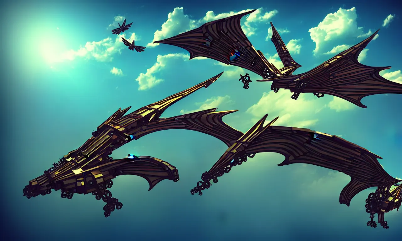 Prompt: mechanical flying ship with giant animallike wings