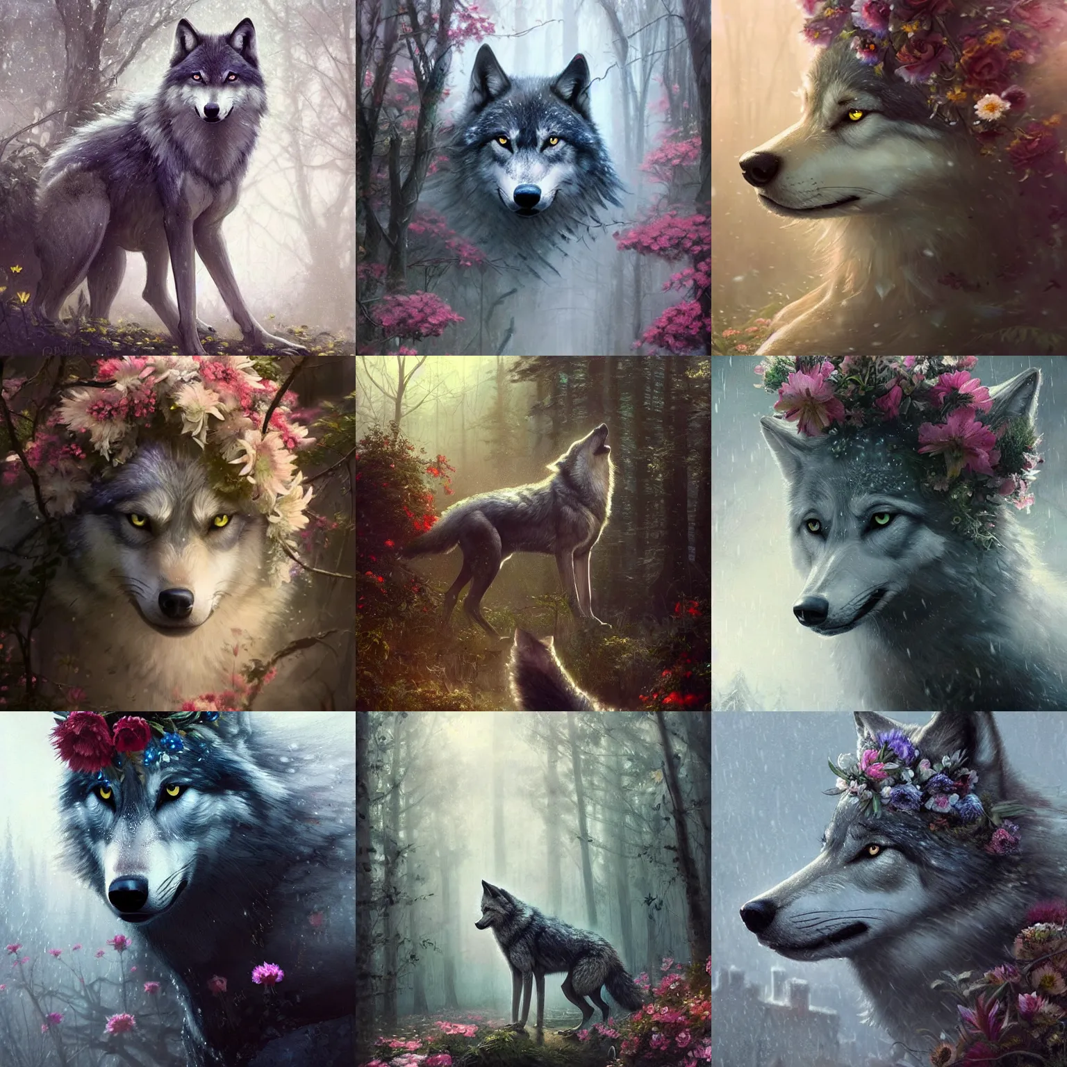 Prompt: a beautiful wolf with flowers around its head!!!, rainy, dreamlike art, mist, realistic shaded, fine details, 4 k realistic, cryengine, realistic shaded lighting poster by greg rutkowski, magali villeneuve, artgerm, jeremy lipkin and michael garmash and rob rey