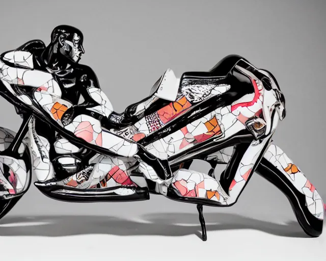 Image similar to extremely beautiful black marble statue with colorful japanese motorcycle logos in the style of fashion designer virgil abloh, sharp focus, clear, detailed,, cinematic, detailed, off white, glamourous, symmetrical, vogue, editorial, fashion, magazine shoot, glossy