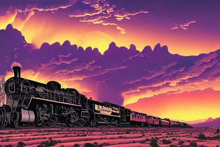 Image similar to old western freight train illustration by joe fenton and syd mead, artstation, 4 k, graphic novel, concept art, matte painting, steam engine spewing billowy white clouds of steam, beautiful idyllic mountain desert sunset background, golden hour