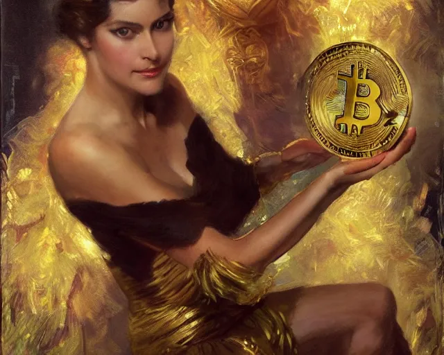 Image similar to attractive woman holding a golden bitcoin, commercial by annie liebovitz, gaston bussiere, craig mullins, j. c. leyendecker