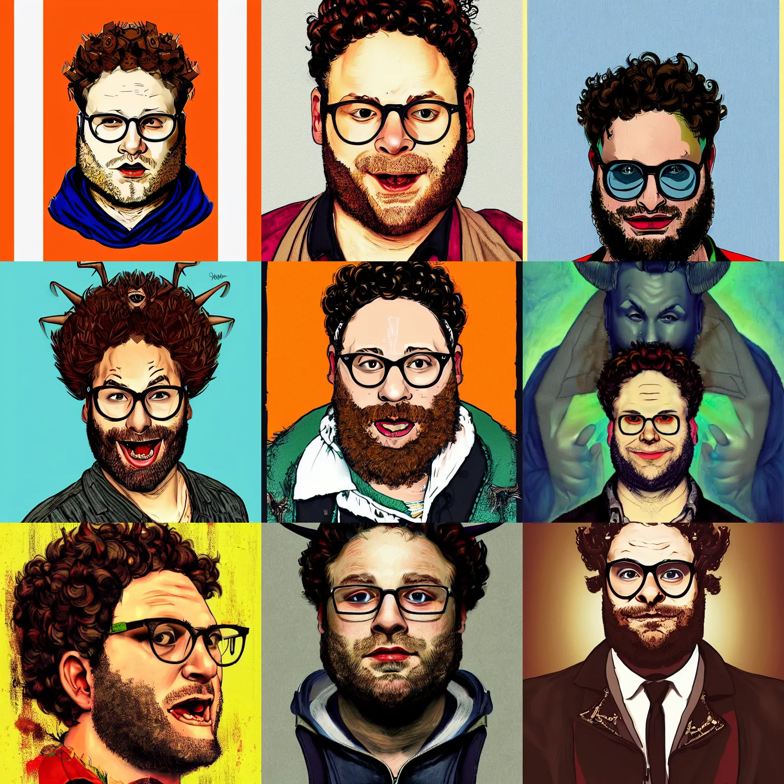 Prompt: a detailed portrait of a fashionable greek demon seth rogen wearing a cybergrunge outfit the style of william blake and norman rockwell, kubrick, rembrandt, crisp, vibrant color scheme, crisp, artstationhd