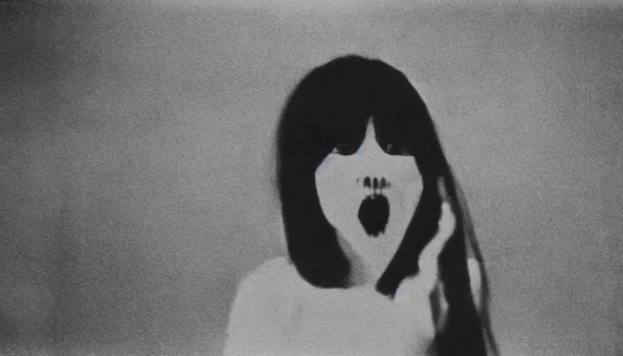 Prompt: 70s movie still close-up portrait of a white female japanese phantom with a taxidermic bloody jaws and esoteric dress in a liminal space style tunnel, early black and white 8mm, heavy grain, low quality,