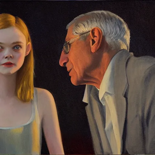 Image similar to Elle Fanning and Dr. Anthony Fauci at the pool at night, head and shoulders portrait, stormy weather, extremely detailed masterpiece, Roger Deakin’s cinematography, oil on canvas, Edward Hopper,