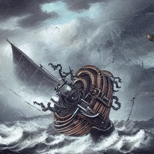 Prompt: realistic sea monster destroying a steampunk ship during a storm