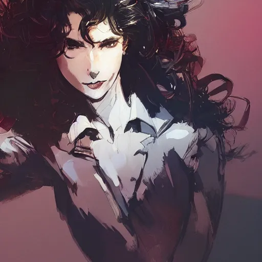 Image similar to a beautiful girl with short curly brown hair in a short ponytail, a pointy chin, happy, smiling , dramatic lighting, illustration by Rossdraws, yoji shinkawa, 4k, digital art, concept art, trending on artstation