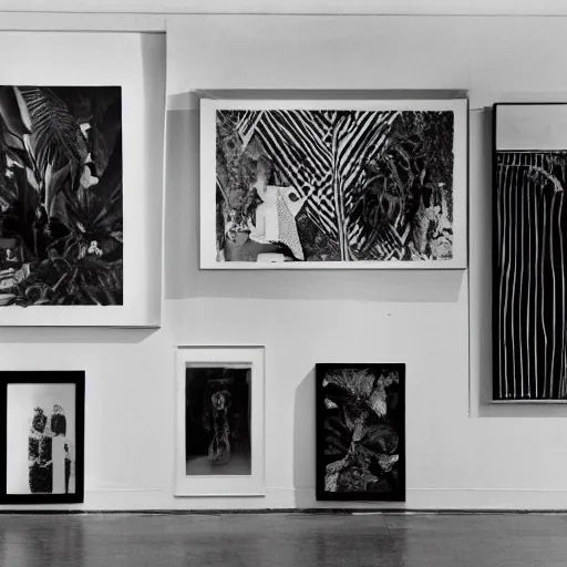 Image similar to A black and white photography printed in offset lithography of an exhibition space with works of Sun Ra, Marcel Duchamp and tropical plants, 60s, Modern Art