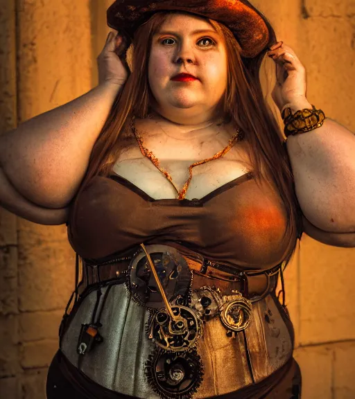 Image similar to portrait of a steampunk fat woman, volumetric lighting, cinematic,4k,35mm,street photo, epic