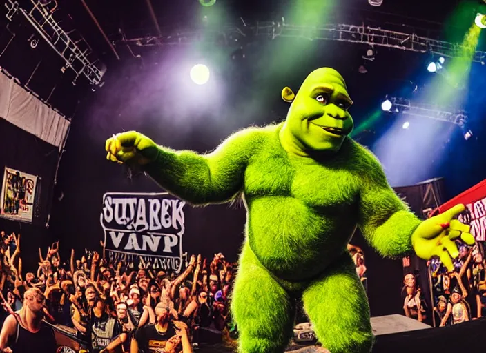 Image similar to photo still of shrek at the vans warped tour 2 0 1 8!!!!!!!! at age 3 6 years old 3 6 years of age!!!!!!!! getting lit in the pit, 8 k, 8 5 mm f 1. 8, studio lighting, rim light, right side key light