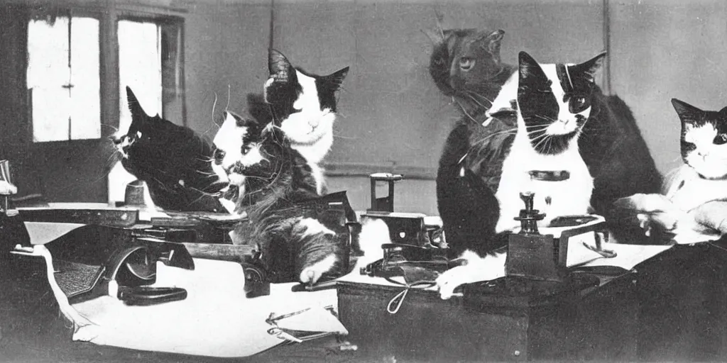 Image similar to an old black and white vintage film photo from 1890, very serious cats working in Tec support, frustrated and annoyed, funny, rotary phone and tools on the desk