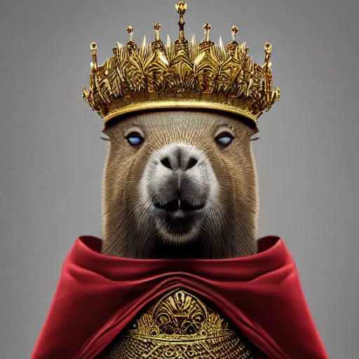 Image similar to highly detailed photorealistic painting of a capybara :: wearing a ultra detailed ornamented gold crown with diamonds, in a highly detailed medieval knight armor with red cape, standing in front of a photorealistic detailed castle, sharp focus in the style of ruan jia, Mandy jurgens, cinematic light, concept art, trending on artstation, ultra realistic, 8k octane render, unreal engine