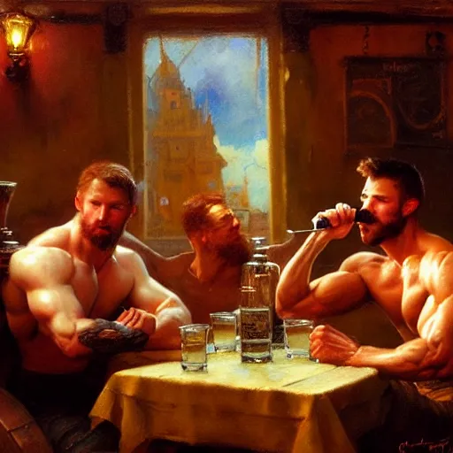 Image similar to attractive muscular mike with ginger hair with muscular attractive tyler with brunet hair, drinking their hearts out, in a pub. very defined and highly detailed painting by gaston bussiere, craig mullins, j. c. leyendecker 8 k