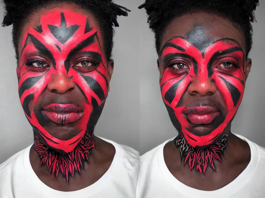 Prompt: wakanda forever, red black and white, ultraviolent, face tattoo