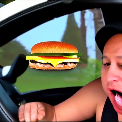 Image similar to anthropomorphic oozing garbage bag sitting in sweltering vehicle holding a cheeseburger for food review, still frame, youtube