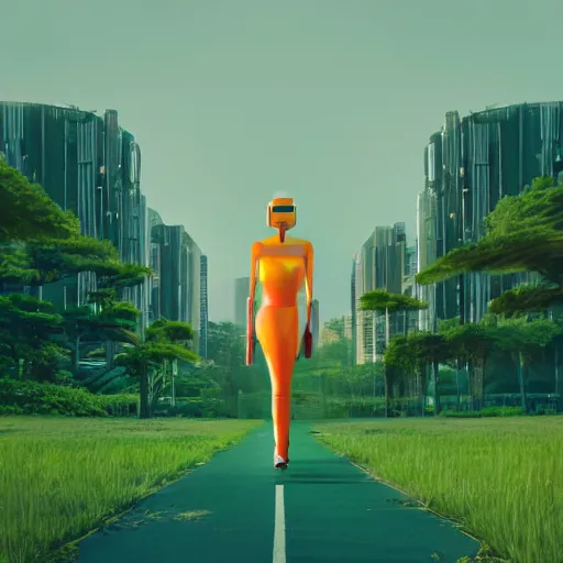 Prompt: a graph - style woman walking across a lush green field, a huge robot head in front of her, cyberpunk art by james gilleard, by beeple, cgsociety, retrofuturism, synthwave, retrowave, outrun