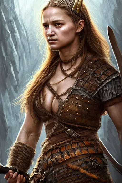 Prompt: gorgeous!! hyper - realistic woman resembling alicia vikander as a battle - worn viking warrior wielding a giant axe | standing next to a sabretooth tiger | intricate, highly detailed, digital painting, character design, character concept art | drawn by wlop, drawn by jeehyung lee, drawn by artgerm, drawn by peter kemp