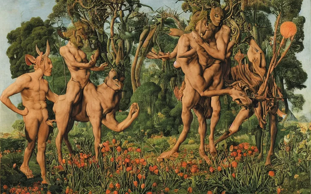 Image similar to a portrait photograph of a meditating satyr and a centaur monk riding a rocket machine and hunting at a river delta. surrounded by bulbous flowers and trees. mountain range under a blue sky of fiery stars. by jan van eyck, max ernst, ernst haeckel, ernst fuchs and artgerm, cgsociety, fashion editorial, 8 k