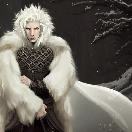 Prompt: anthropomorphic male muscular albino white lion, wearing beautiful game of thrones outfit, darkness aura, fantasy, mysterious low key lighting, winter blizzard atmosphere, high contrast portrait, character design by charlie bowater, ross tran, artgerm, and makoto shinkai, detailed, inked, western comic book art, 2 0 2 1 award winning film poster paintingy