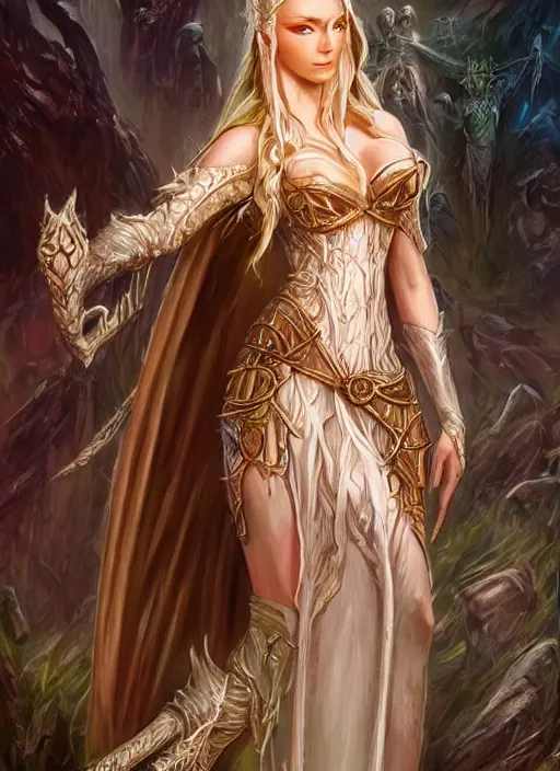 Image similar to elegant elven queen beautiful, ultra detailed fantasy, dndbeyond, bright, colourful, realistic, dnd character portrait, full body, pathfinder, pinterest, art by ralph horsley, dnd, rpg, lotr game design fanart by concept art, behance hd, artstation, deviantart, hdr render in unreal engine 5