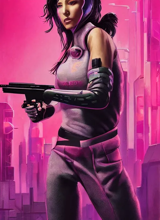 Image similar to beautiful cyberpunk female athlete wearing pink jumpsuit and black jacket while firing a futuristic red belt fed automatic pistol. ad poster for pistol. cyberpunk poster by james gurney, azamat khairov, and alphonso mucha. artstationhq. gorgeous face. painting with vivid color, cell shading. ( rb 6 s, cyberpunk 2 0 7 7 )