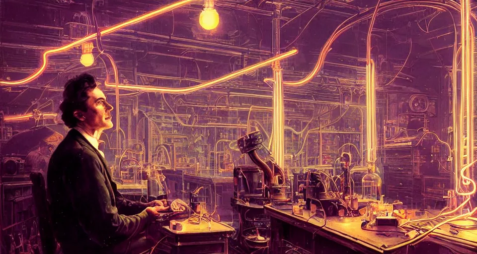 Prompt: nikolai tesla in his lab, electrical arcs, magical sparks, neon glow, highly detailed, digital art, intricate, dramatic lighting, retro futuristic, neon colors, cinematic, art by norman rockwell, greg rutkowski, james gurney, artgerm