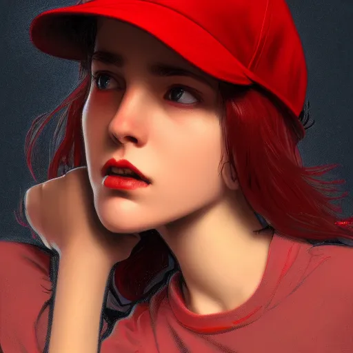 Image similar to a red baseball cap, artstation, Grim fantasy,emotional, EOS R5, f/2.5 , illustration , concept art, award winning photograph, 8k, Alphonse Mucha style,