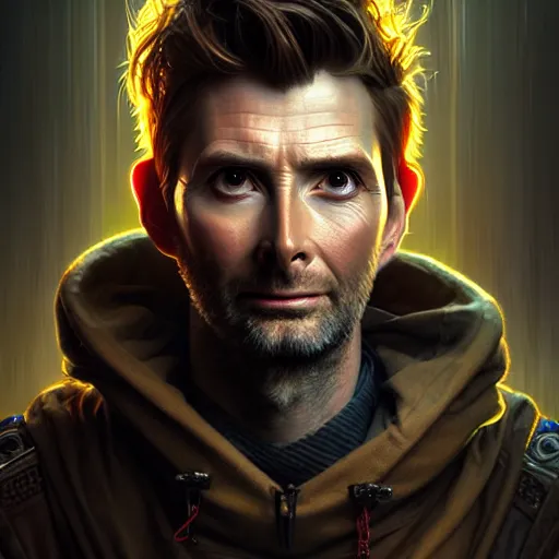 Image similar to portrait painting of a cyberpunk dwarven mechanic david tennant, ultra realistic, concept art, intricate details, eerie, highly detailed, photorealistic, octane render, 8 k, unreal engine. art by artgerm and greg rutkowski and charlie bowater and magali villeneuve and alphonse mucha