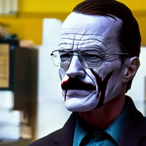 Image similar to walter white wearing the joker suit