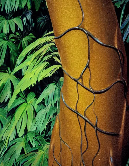 Prompt: vintage color photo of a 1 1 0 million years old abstract liquid gold sculpture covered by the jungle vines