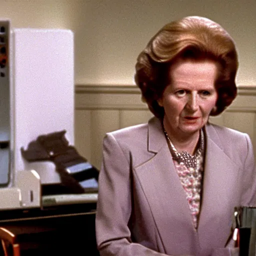 Prompt: A movie still of Margaret Thatcher in Back to the Future