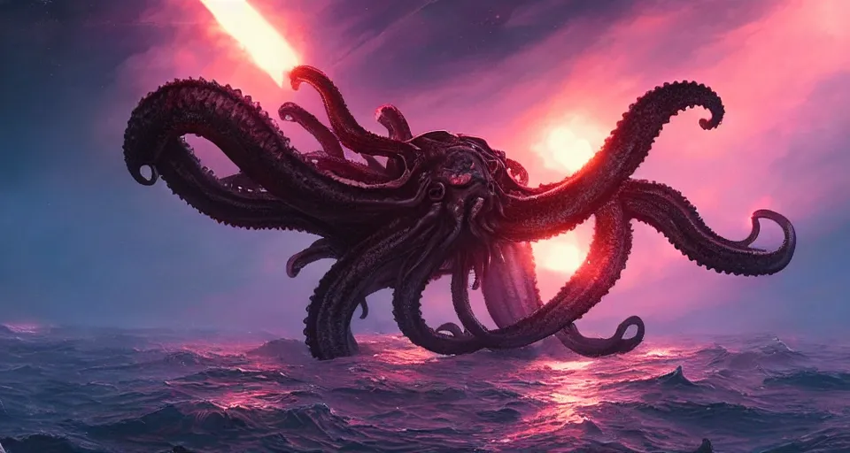 Prompt: A wide shot of a kraken with sharp translucent fangs swimming in space art by Maciej Kuciara and Jason Chan, ominous, cosmic horror, trending on artstation, Ultra detailed, hyper realistic 4k