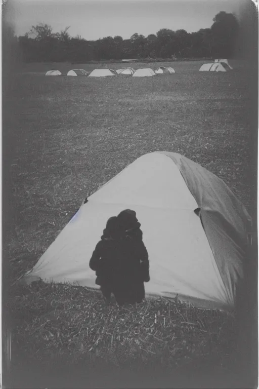 Prompt: photo polaroid of a sad and lonely child stands in the middle many tents of field hospitals, pandemic, covid,loneliness, black and white ,photorealistic, 35mm film,