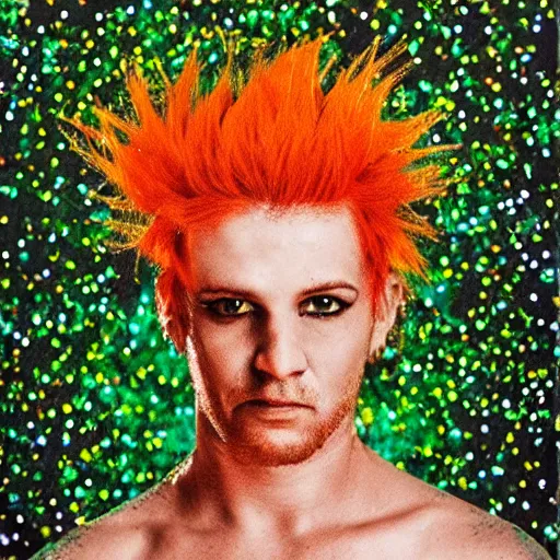 Prompt: Picture of punk-rocker with orange hair in green forest made of stars very Detailed