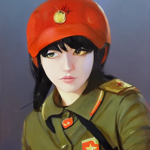 Image similar to oil paining of twentytwo year old female character with ( ( ( cat ears ) ) ) wearing soviet era uniform, wearing a tshirt with a face of karl marx on it, in the style of krenz cushart