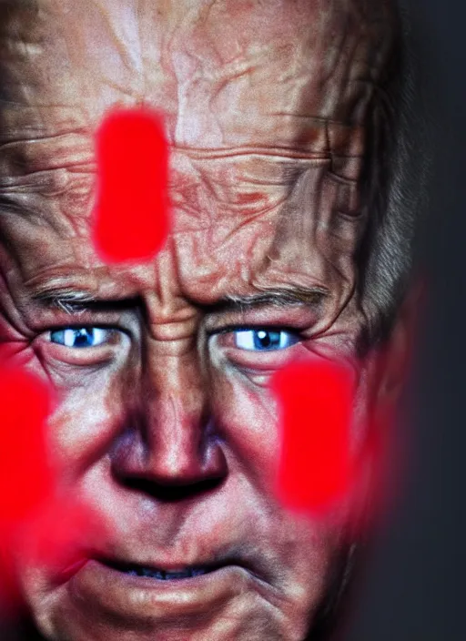 Prompt: hyper realistic ultra realistic horror terror dimensional photo furious glowing red eyes biden, high quality photo, detailed , 8k