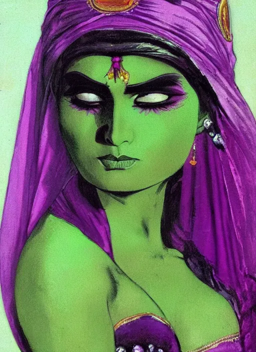 Image similar to portrait of muscular indian vampiress, jeweled veil, purple and green, strong line, saturated color, beautiful! coherent! by frank frazetta, high contrast, minimalism