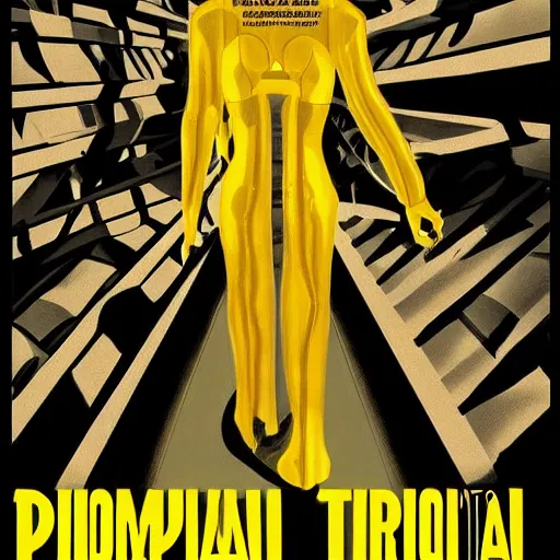 Image similar to Giallo movie poster about the triumph of artificial intelligence over humanity