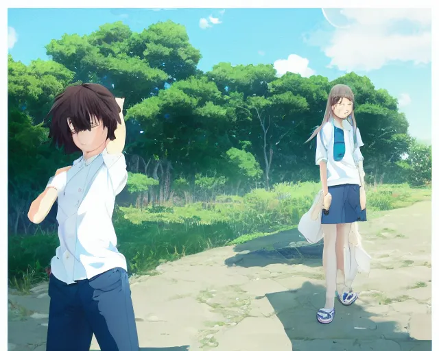 Image similar to teen looking at blue sky, wearing white shirt, back turned, looking up, illustration, by pine ( ハイネ ) and 薯 子 imoko and 香 川 悠 作 and wlop and maya takamura, highly detailed, trending artstation, pixiv, digital art