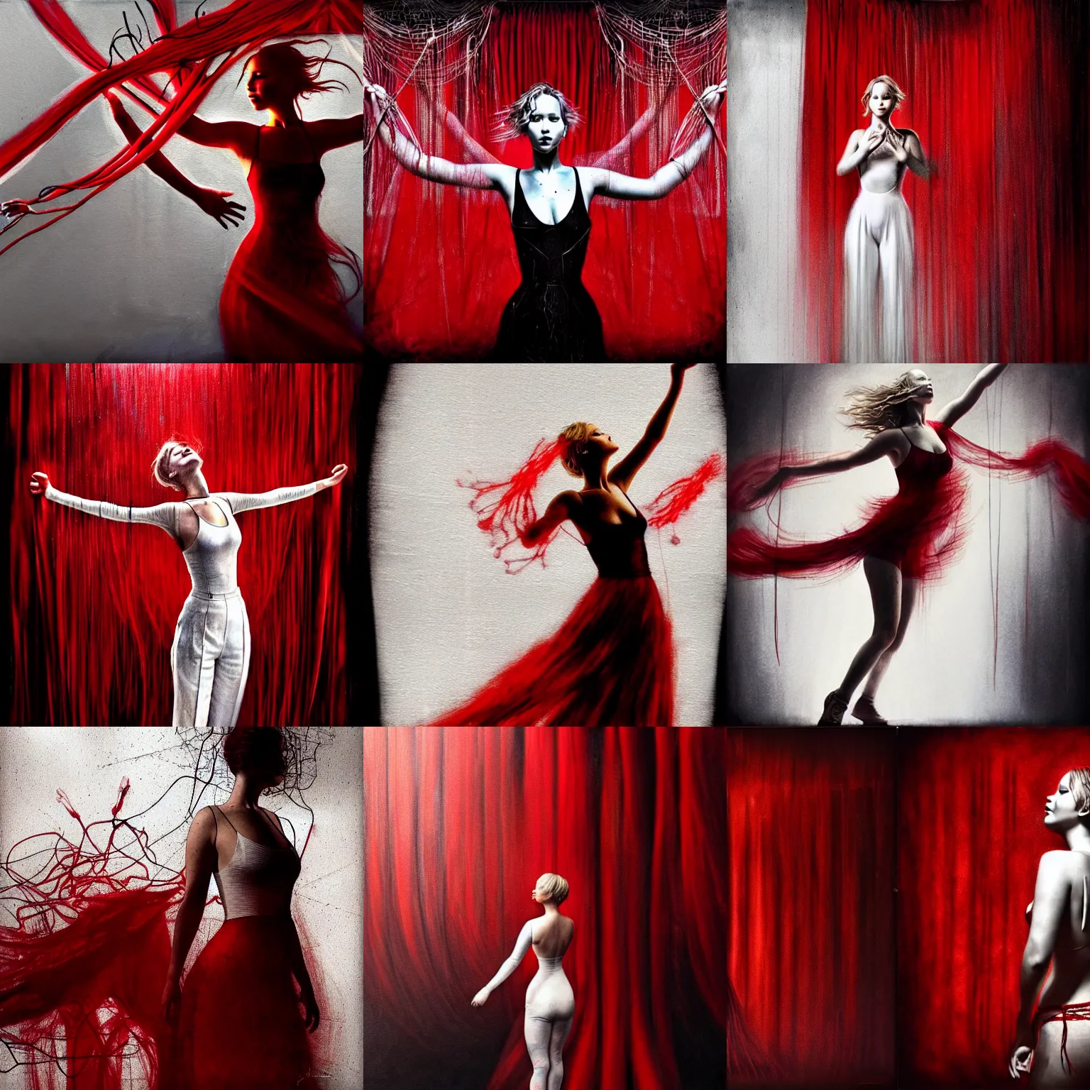 Prompt: dancing Jennifer Lawrence as a puppet strings surrounded by red curtains, by Brooke Shaden, close-up shot from behind, big white strings attached to each wrist from above, white neck visible, intricate, dystopian, sci-fi, extremely detailed, digital painting, artstation, concept art, smooth, sharp focus, illustration, intimidating lighting, incredible art, details visible, very dark ambiance