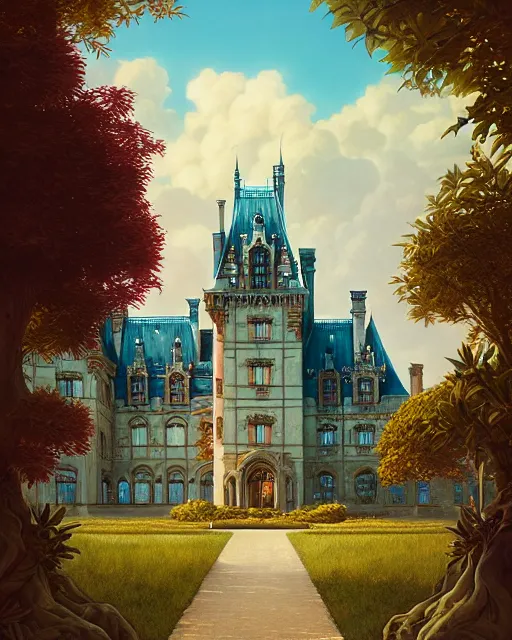 Image similar to highly detailed surreal vfx portrait of the biltmore estate, stephen bliss, unreal engine, greg rutkowski, loish, rhads, beeple, makoto shinkai and lois van baarle, ilya kuvshinov, rossdraws, tom bagshaw, alphonse mucha, global illumination, detailed and intricate environment