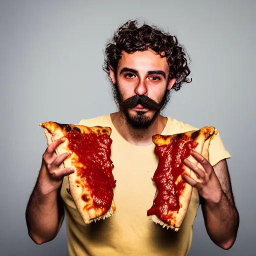 Image similar to Young Italian man with curly hair, moustache and a short beard covered in pizza sauce. Sigma 85mm f_1.4, 4k, portrait photography